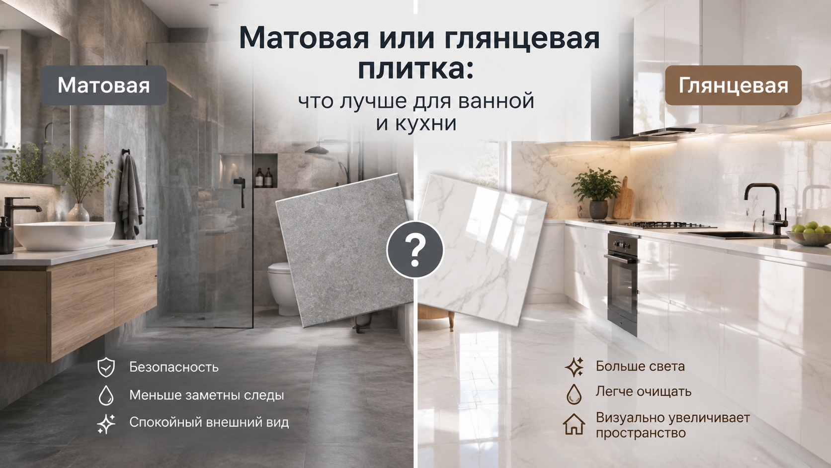Матовая или глянцевая плитка: что лучше для ванной и кухни