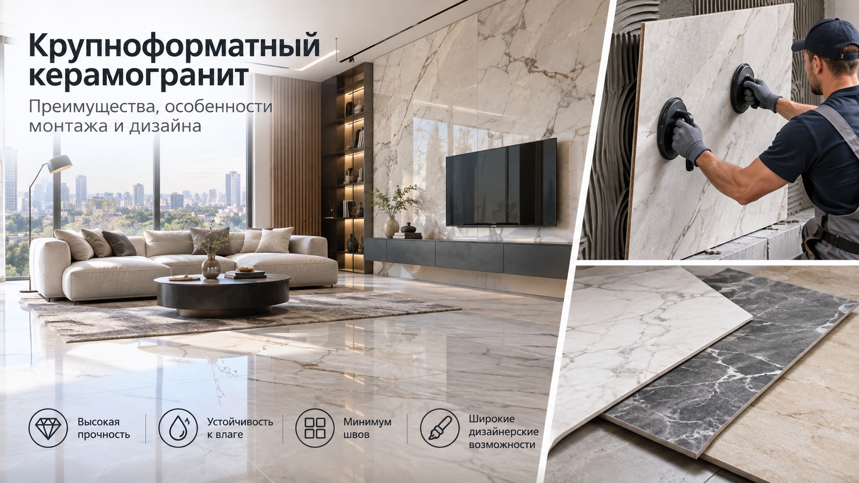 Крупноформатный керамогранит: преимущества, монтаж и дизайн интерьера